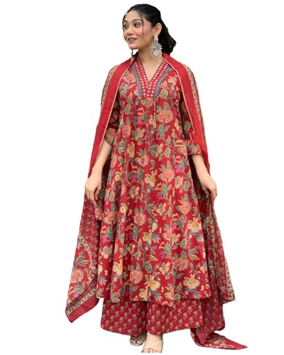 GoSriKi Womens Rayon Blend Anarkali Printed Kurta with Palazzo & Dupatta (CIA RED-GS_M_Red_Medium)