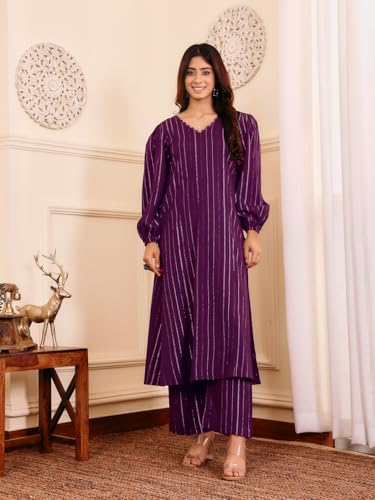 Varanga Women Purple Lurex A- Line Kurta With Trousers