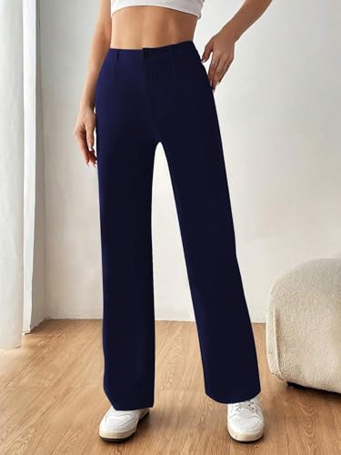 Toochki Women Spandex Pant Half-Elasticated Waist Regular Slim Fit Trouser, Pants for Office School Formal Casual Daily Use Navy