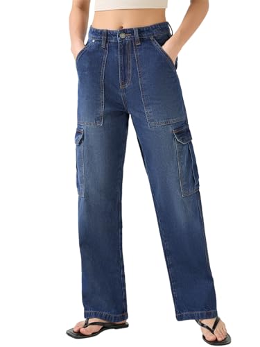 Bewakoof WomenS Washed Straight Fit Pure Cotton Cargo Jeans_671032_Blue_28