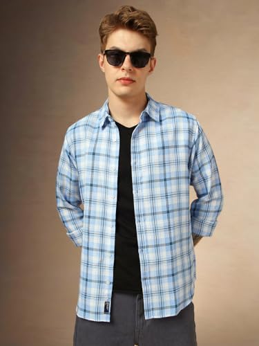 Dennis Lingo Men Relaxed Fit Cotton Full-Sleeves Checks Casual Shirts Blue