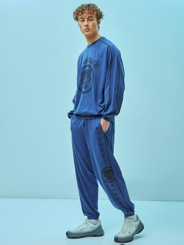 Bewakoof Official Marvel Merchandise Mens Graphic Printed Oversized Fit Full Sleeve Round Neck Terry Co-ordinates_ 620002 Blue
