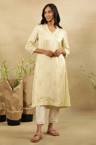 W for Woman Folksong by W Women Yellow Festive Floral Print Viscose A-Line Kurta