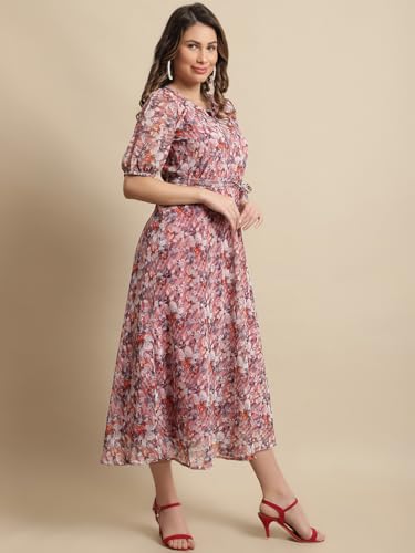 Preneum WomenS Maxi Fit & Flare Latest Style Print Georgette Regular Sleeves Casual Summer Maxi Dress || Festival & Occasion, P