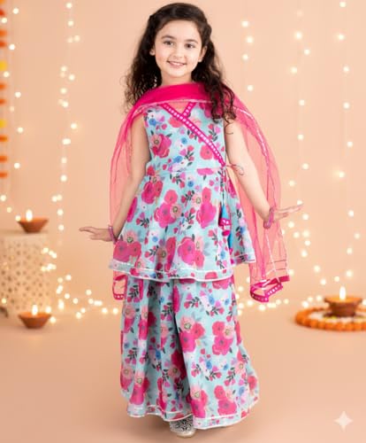 Naixa Girls Pink Rayon V Neck Sleeveless Floral Printed Flared-Fit Kurta And Sharara With Dupatta Set | Lasted Designer Printed