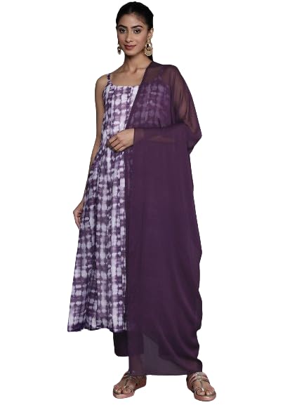 VARANGA Women Violet Spaghetti Strap Anarkali Kurta Paired With Tonal Bottom And Tonal Solid Dupatta