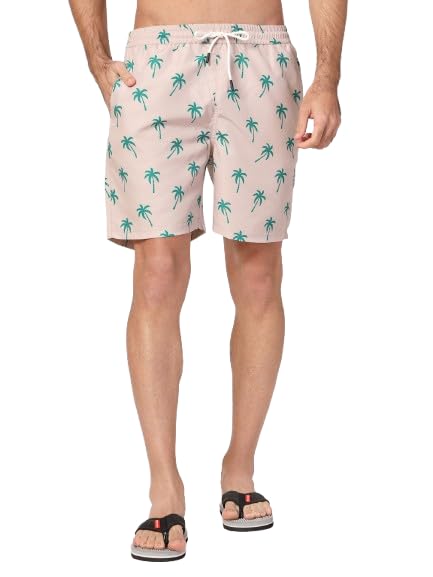 Style Quotient Men Beige and Green Conversational Print Polyester Regular Swim Shorts