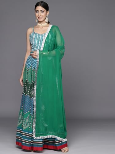 Varanga Teal And Green Floral Printed Strap Style V-Neck Top Paired With Tonal Printed Lehenga And Solid Dupatta With Four Side
