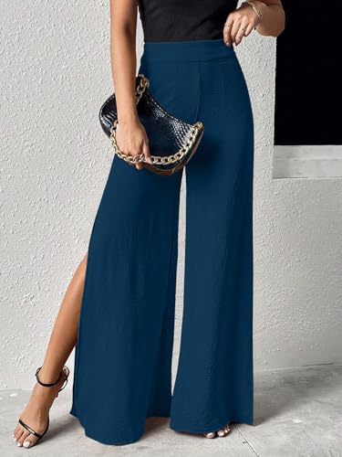 Greciilooks WomenS High Waist Wide Leg Slit Pants, Elegant Poly Lycra Blend Palazzo Trousers, Dressy Flowy Evening Bottoms (Gl-