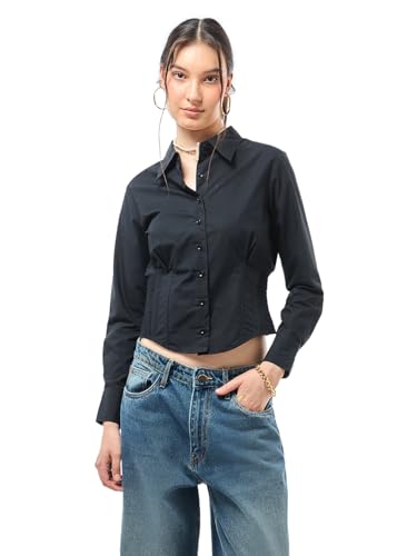 Bewakoof Womens Solid Regular Fit Full Sleeve Collared Neck 100% Cotton Shirt_633538_Black_M