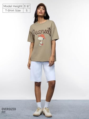 The Souled Store Peanuts: Retro Snoopy Women and Girls Short Sleeves Round Neck Beige Embroidered Cotton Lightweight Casual Stre