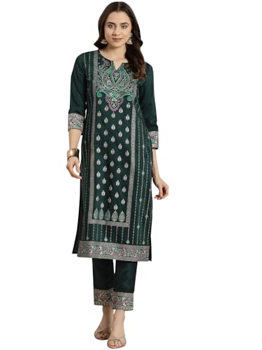 ZIYAA Women's Art Silk Green Color Chinon Straight Foil Printed Kurta and Pant Set