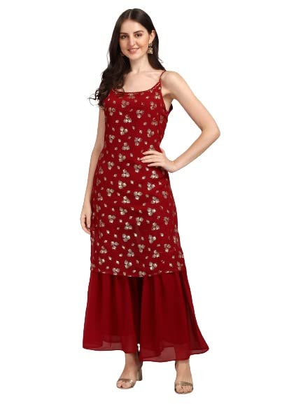 Gufrina WomenS Georgette Kurta & Solid Sarara With Round Neck Sleeveless Floral Printed Calf Length A-Line And Regular Fit