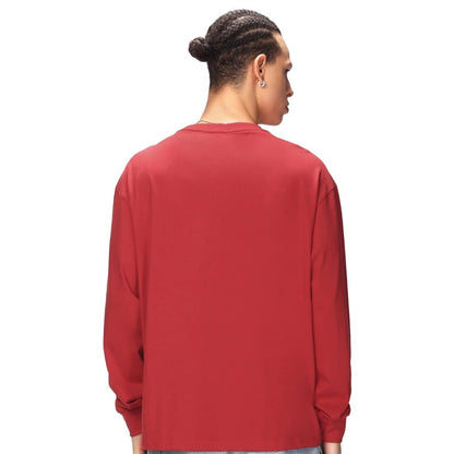 Bewakoof Mens Plain Solid 100% Cotton T-Shirt- Oversized Fit, Round Neck, Long Sleeve Red