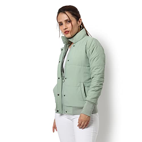 Campus Sutra Womens Light Green Puffer Regular Fit Bomber Jacket For Winter Wear | Standing Collar | Full Sleeve | Buttoned | C