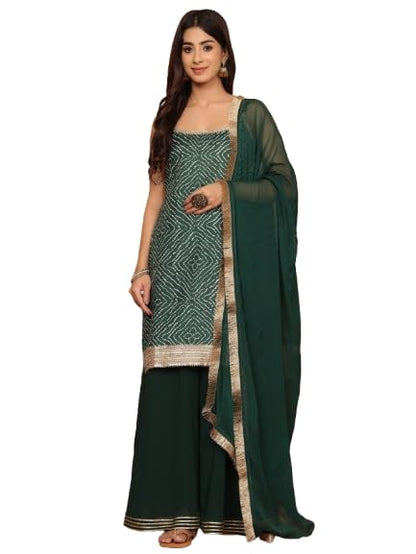 Varanga Womens Green Bandhini Printed Kurta Paired With Sharara And Dupatta