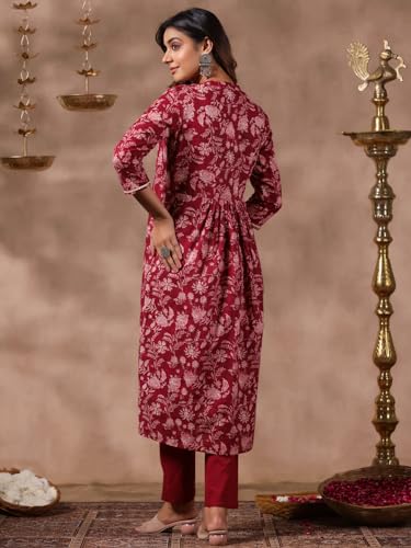 anubhutee Women's Red Floral Print A-Line Kurta with Trousers