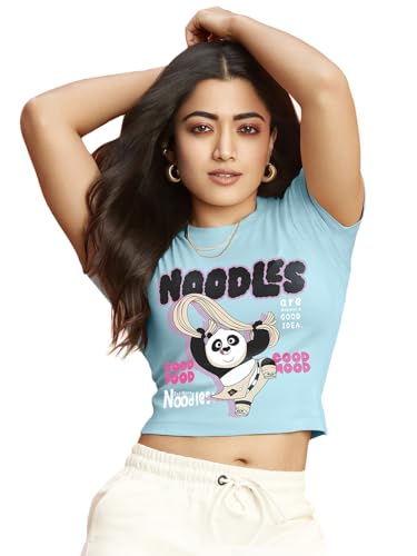 Bewakoof Official Kung Fu Panda Merchandise Womens Graphic Printed Slim Fit Half Sleeve Round Neck Cotton Elastane Top_633998_B