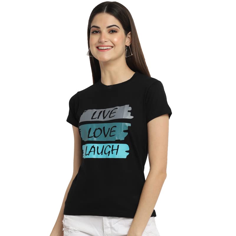 Preneum Womens Cotton Regular Fit Latest Graphic Stylish Printed Short Sleeves Casual T-Shirt (Pack 4), Black & Pink & Pink & R