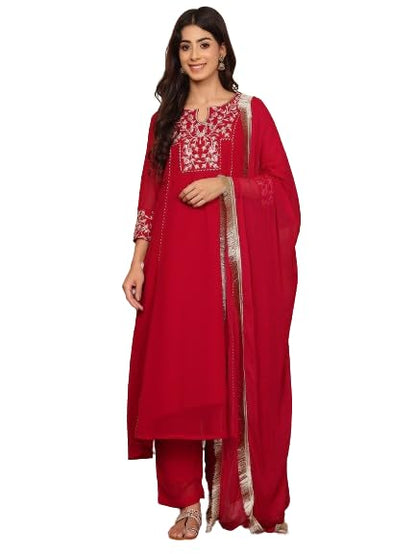 Varanga Women Magenta Embroidered Aline Kurta Paired With Tonal Bottom And Dupatta