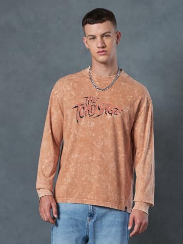 Bewakoof Official Naruto Merchandise Naruto Mens Graphic Print Oversized Fit Full Sleeve Round Neck Cotton Jersey Acid Wash T-S