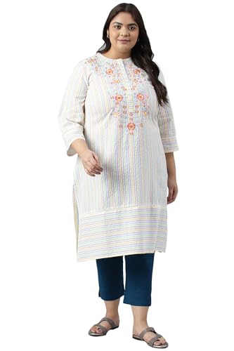 Multi-Coloured Stripe Printed Plus Size Embroidered Kurta