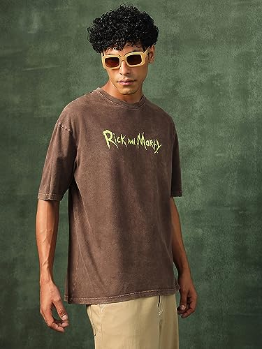 Bewakoof X Official Rick and Morty Merchandise Mens Stoned Rick & Morty Graphic Printed 100% Cotton T-Shirt - Oversized Fit, Ro