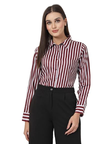 Style Quotient Women Maroon and White Stripe Printed Polyester Regular Fit Formal Shirt
