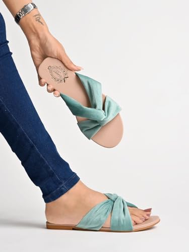 Shoetopia Girls Green Flat Slide Sandals  Soft Suede Knot Strap Casual Summer Slip-Ons For Everyday Comfort Stylish, |Footwear L