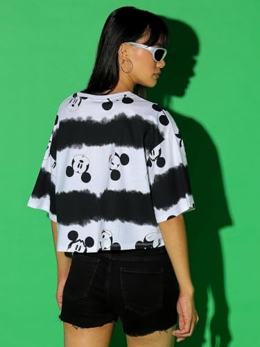 Bewakoof Official Disney Merchandise Womens All Over Printed Oversized Fit Half Sleeve Round Neck Cotton Short Top_584434_White