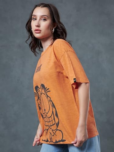 Bewakoof Air 1.0 Official Garfield Merchandise Womens Graphic Printed Oversized Fit Half Sleeve Round Neck Cotton Tshirt_615033