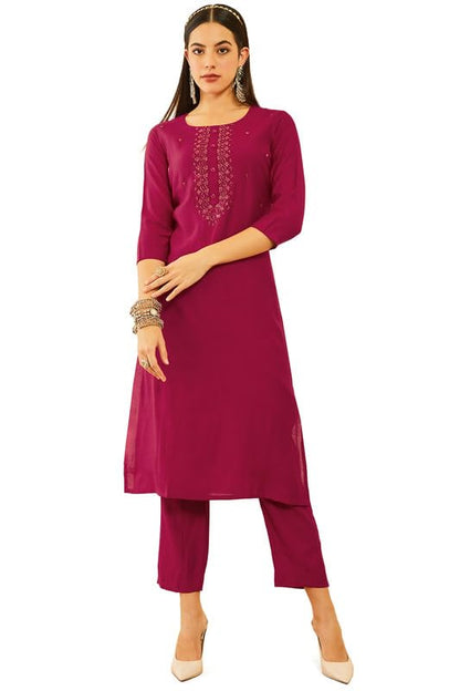 Soch Womens Magenta Viscose Yoke Design Kurta Set With Cutdana
