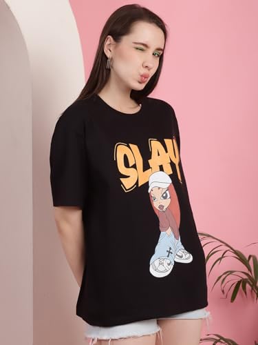 Preneum Womens Cotton Graphic Latest Printed Baggy Fit Drop-Shoulder Sleeves Cotton Oversized T-Shirt || Round Neck || Half Sle
