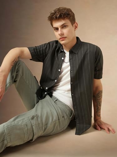Dennis Lingo MenS Green Polycotton Spread Collar Short Sleeves Striped Shirts