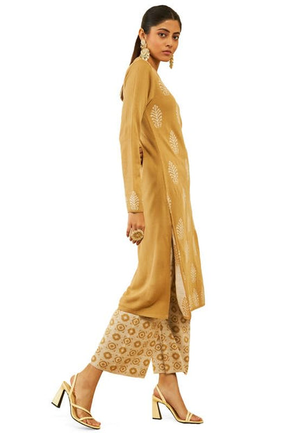 Soch Womens Beige Acrylic Leaf and Geometric Pattern Knitted Winter Kurta Set