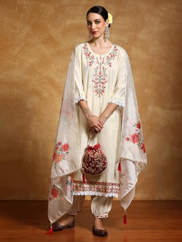 Varanga Women Floral Motif Thread Embroidered Yoke Kurta With Trouser & Dupatta