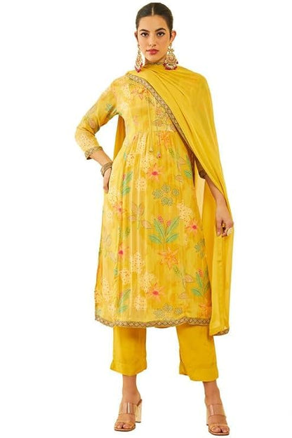 Soch Womens Mustard Crepe Floral Printed Suit Set With Sequins Details