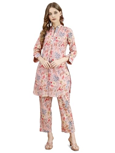 Womanista Women's Multi Coloured Pure Cotton Floral Printed Tunic with Trouser Co-Ord(Co-ords_9077)
