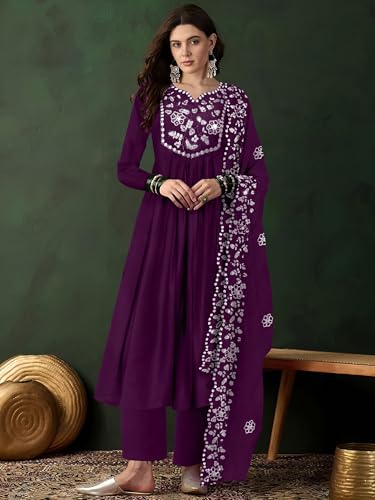 Toochki Women's Muslin Anarkali Embroidered Kurta with Palazzo & Dupatta
