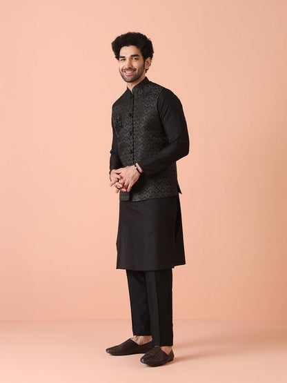 Kisah Mens Nehru Jacket|Silk Blend Fabric Jacquard Pattern Mens Ethnic Nehru Jacket Waistcoat|Regular Fit Mandarin Collar Sleeve