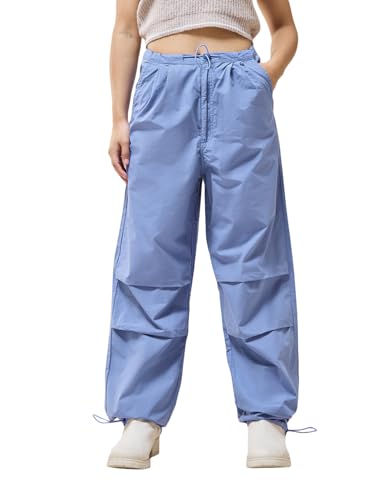 Bewakoof Womens Solid Baggy Oversized Fit Cotton Parachute Casual Pants_628725_Blue_L