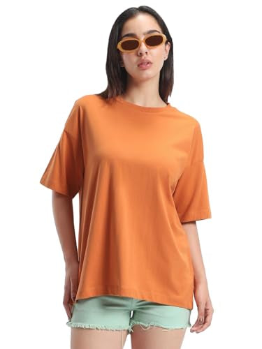 Bewakoof Womens Solid Oversized Fit Half Sleeve Round Neck Cotton T-Shirt_581061_Orange_L