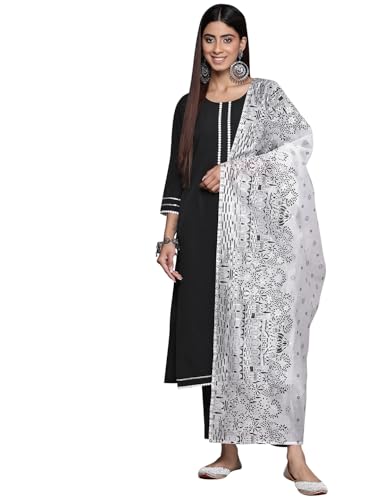 ZIYAA Women Women's Black Crepe Straight Kurta, Pant And Dupatta Set