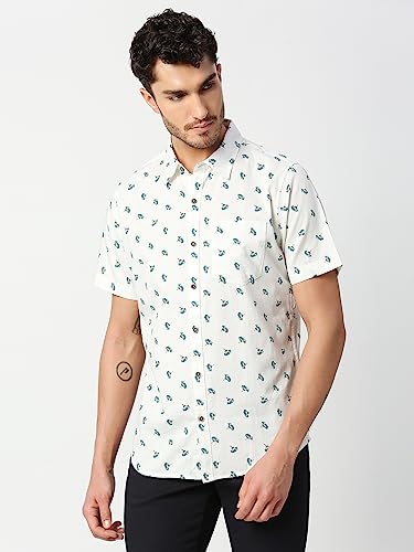 Thomas Scott Mens Printed Slim Fit 100% Cotton Casual Shirt with Spread Collar and Half Sleeve Off White