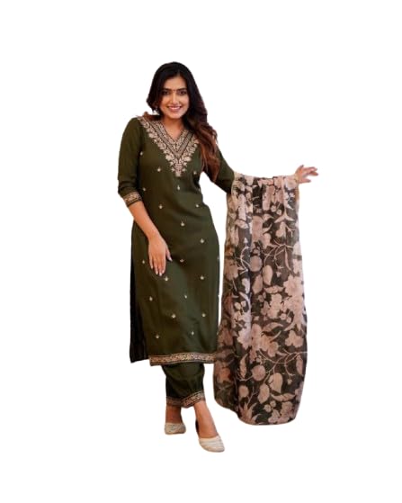 Suppar Sleave WomenS Viscose Rayon Embroidered Straight Kurta With Pant And Dupatta Sets (Minakshi-04)