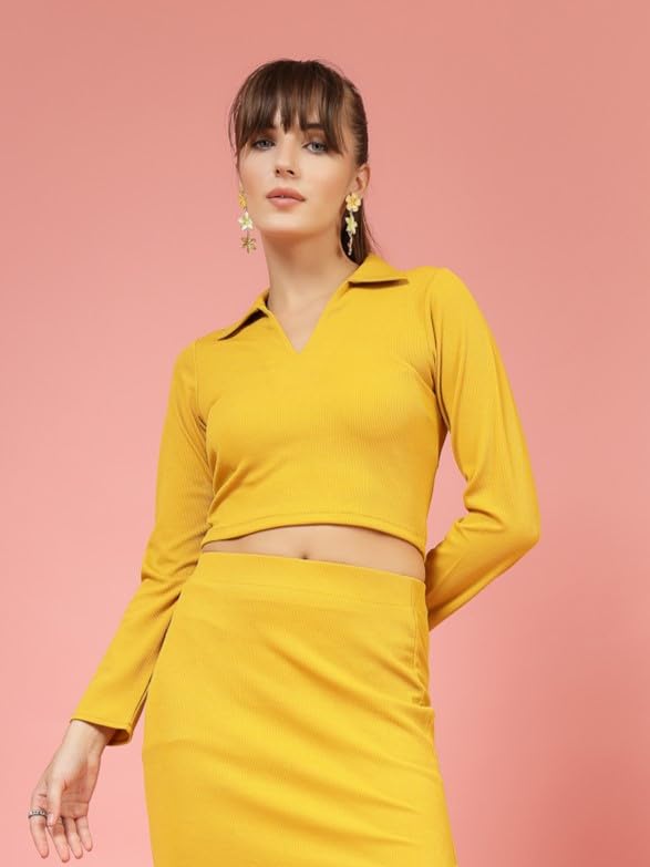 OOMPH! Stretchable Full Sleeved Ribbed Top, Yellow, mt854
