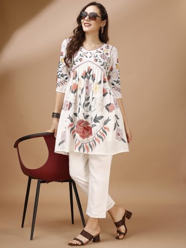 Womanista Linen Womens Off White Colour Multi Thread Embroidery Flared Tunic with Trouser coord Set Ankle Length (Co-ords_9042