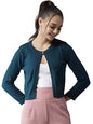 Style Quotient Women Solid Teal Cotton Smart Casual Crop Shrug