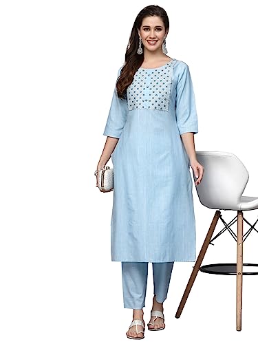 Stylum Women's Woven Design & Embroidered Cotton Blend Straight Kurta Pant Set