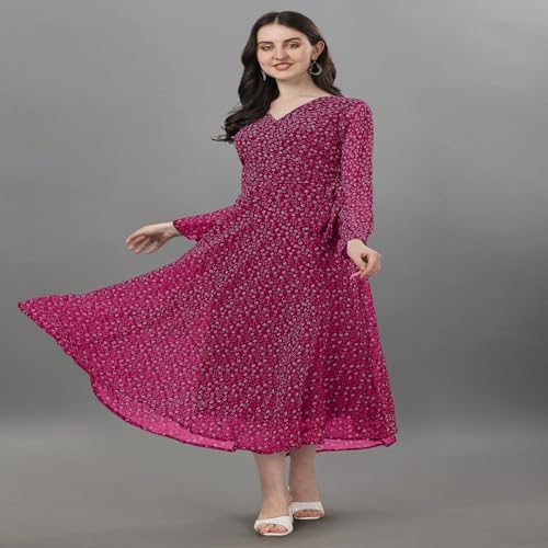 Trillmixa Georgette Floral Printed Full Sleeve V Neck Maxi-Length Fit & Flare Long Dress For WomenS (T-Mansi) Pink